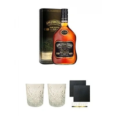 Abbildung von Appleton Estate Rare Blend 12 Jahre (43%) Jamaika Rum 0,7 Liter + Glas 1 Stück Schiefer Glasuntersetzer eckig ca. 9,5 cm Ø 2