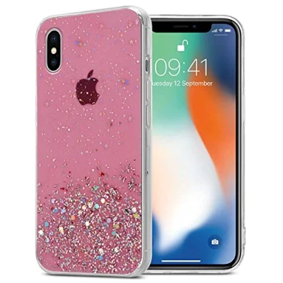 Abbildung von Cadorabo Hülle kompatibel mit Apple iPhone XS MAX Rundumschutz TPU Silikon Case Mädchen Glitzer Strass Design Slim Kratzfest Weiche Gummi Bling Schutzhülle für in Rosa