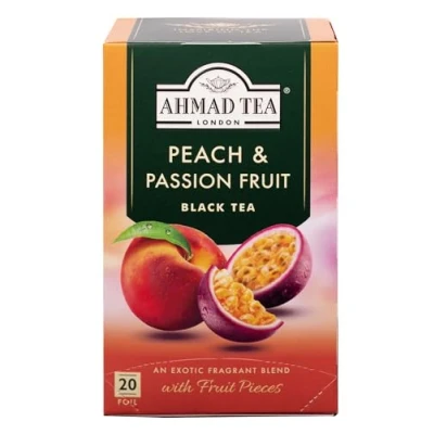 Abbildung von Ahmad Tea Peach &amp; Passionfruit Schwarztee mit Pfirsich und Passionsfrucht Fruchtstücken Einzeln Verpackte, Aromaversiegelte Teebeutel 2g Tee pro Portion 20 Band