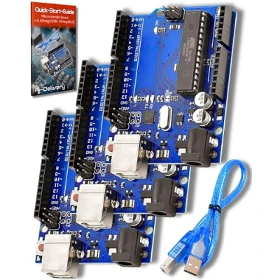 Abbildung von AZDelivery 3 x AZ ATmega328DIP Board Mikrocontroller ATmega16U2 8 bit Entwicklerboard mit Hauptplatine und USB Kabel inklusive E Book!