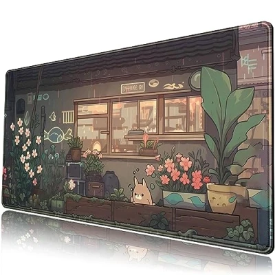 Abbildung von Japanische Anime Schreibtischunterlage, Kawaii Katze, niedliche grüne Pflanzen, großes Gaming Mauspad, XXL erweitertes Tastaturmatte,