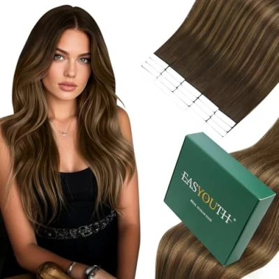 Abbildung von Easyouth Tape on Extensions Echthaar Glue in Haar Farbe Dunkelstes Braun Aschbraun und mischen 30 cm 30g Remy #2/8/2