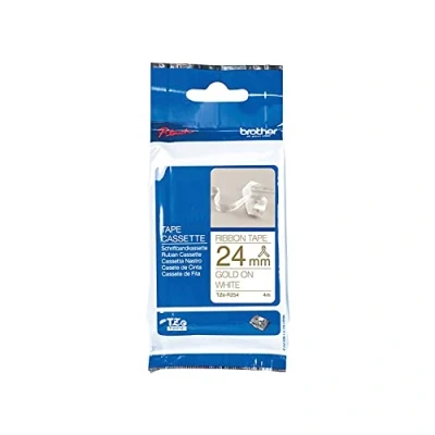 Abbildung von Brother Original textiles Schriftband TZe R254 gold auf weiß 24 mm breit, 4 m lang (u.a. für P touch H200, H100LB/R, H105, E100/VP, D200/BW/VP, D210/VP,Cube, Cube Plus)