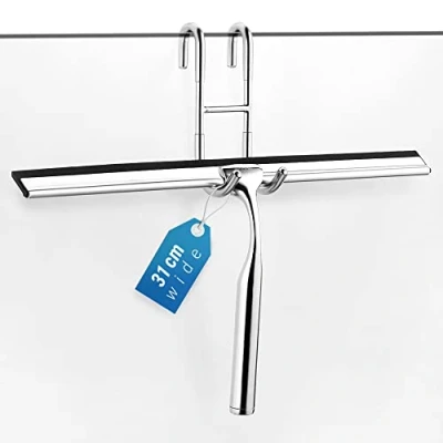 Abbildung von ecooe Edelstahl Duschwischer verlängert 31cm Duschabzieher Ohne Bohren Fensterabzieher mit Wandaufhänger Badezimmerwischer 2 Ersatzlippe Silikon für Spiegel Fenster Glasreinigung