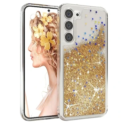 Abbildung von EAZY CASE Hülle kompatibel mit Samsung Galaxy S23 Plus Schutzhülle Flüssig Glitzer, Handyhülle, Schutzhülle, Back Cover Glitter Flüssigkeit, TPU/Silikon, Transparent/Durchsichtig, Gold