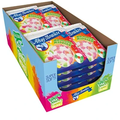 Abbildung von Frigeo Ahoj Brause Ringe prickelndes softes Gummibonbon in drei süß sauren Geschmacksrichtungen, Gummi Bonbons für das perfekte Naschvergnügen, vegan, im Vorrats Pack, 16 x 150 g