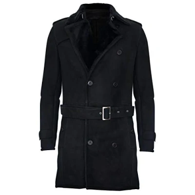 Abbildung von Infinity Leather Herren German Military Grau Zweireiher Echtes Schaffell Wildleder Erbsenmantel S