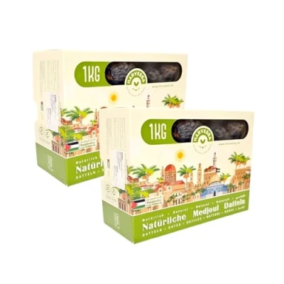 Abbildung von Premium Medjool Datteln 2KG aus Palästina Medjoul Königsdatteln für Genuss und Energie Natürlich &amp; Ohne Konservierungsstoffe Frisch Vegan Reich an Fruchtfleisch Mit Stein 2024 (2X 1KG)