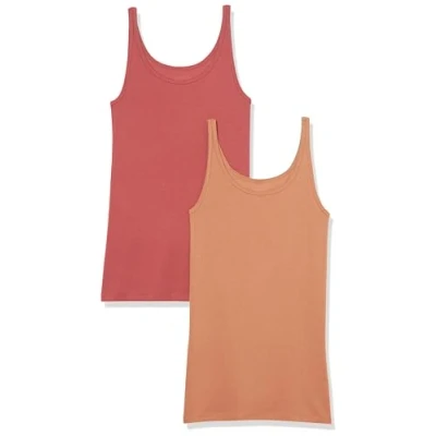 Abbildung von Amazon Essentials Damen Schmal geschnittenes Tanktop mit dünnem Trägern, 2er Pack, Braun/Ziegelrot, M