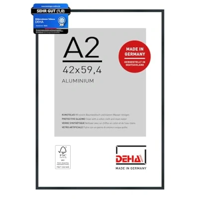 Abbildung von DEHA Design Bilderrahmen, 42 x 59,4 cm (A2), Aluminium, Schwarz matt, Posterrahmen zum Aufhängen im Hoch &amp; Querformat, bruchsicheres Kunstglas, Tribeca