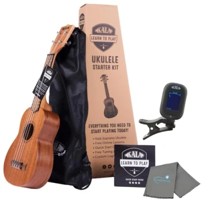 Abbildung von Kala Sopran Starter Set für Ukulele, inkl. Online Unterricht, Tragetasche, App und Buch mit Stimmgerät Lumintrail Poliertuch