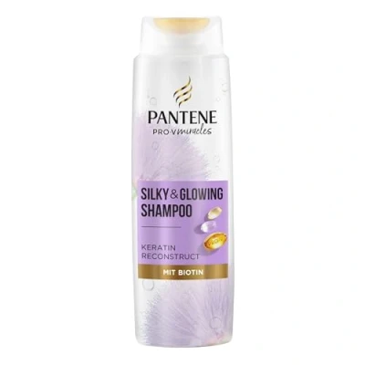 Abbildung von Pantene Pro V Silky &amp; Glowing Shampoo mit Biotin und Keratin Reconstruct 250ml. Miracles Hilft, Trockenes oder Gesträhntes Haar zu Reparieren. Wirkt als Feuchtigkeitsspender