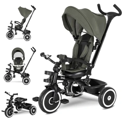 Abbildung von Lorelli Dreirad Tino ab 1 Jahr mit Schubstange, Sicherheitsgurt, 360 drehbar, Tricycle, Verstellbarer Elterngriff, Freilaufrad Funktion, Spielzeugkorb (Grün)