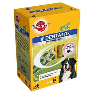 Abbildung von Pedigree DentaStix Daily Fresh Zahnpflegesnack für große Hunde (+25kg), 112 Sticks, 4er Pack, 4x28 Stück Hundeleckerlis jeden Tag, gesunde Zähne und einen frischen Atem