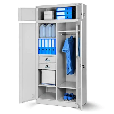 Abbildung von Jan Nowak Aktenschrank, Mehrzweckschrank, Spind Schrank Geheimfach, 2 Schubladen, 4 Fachböden, Mit Kleiderstange, Spiegel, Pulverbeschichtet, Abschließbar, Metall 185 cm x 90 50 Grau