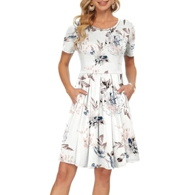 Abbildung von AUSELILY Freizeitkleid Damen Kleider Sommerkleid Kurzarm Plissee Loose Swing mit Knielangen Taschen Weiße Blumen XL