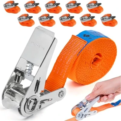 Abbildung von INTAKO Spanngurte Mit Ratsche 4m x 800kg 25mm 10 Stück TÜV GS Zertifiziert Mini Zurrgurt Set Kleine Einteilig 0,8t Ratschengurt Orange 1 Teilig DIN EN 12195 2