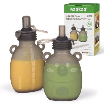 Abbildung von haakaa Happii Bear Silikon Beutel, wiederverwendbare Babynahrungsbeutel für hausgemachte Bio Pürees, Säfte, Smoothies und Joghurt, perfekt Kleinkinder Kinder, 2 Stück, 170 ml
