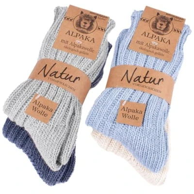 Abbildung von BRUBAKER 4 Paar Alpaka Socken aus 100% Alpakawolle Wintersocken Set für Damen und Herren Blau Grau Beige Größe 47 50