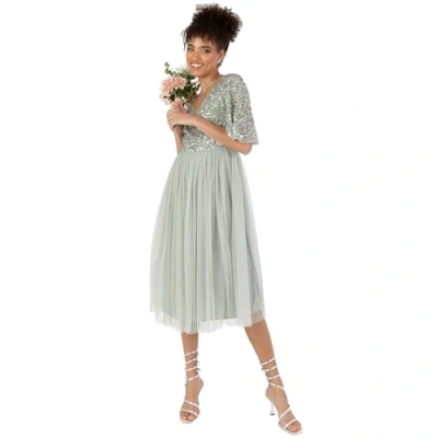 Abbildung von Maya Deluxe Damen Midikleider für Damen, verzierter V Ausschnitt, flatternd, 3/4 Ärmel, Pailletten, Hochzeitsgast, Abschlussball Grun Größe 54