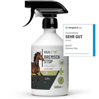 Abbildung von TESTURTEIL SEHR GUT ReaVET Bremsen Stop **TESTSIEGER** Fliegenspray Pferde 500ml mit pflegender AloeVera, Insektenspray Sofortschutz &amp; Pferdepflege, Bremsenspray Bremsenblocker gegen Fliegen
