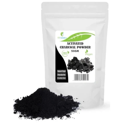 Abbildung von Aktivkohlepulver 25/50 gr Verwendung in Masken, Packungen, Peelings, Peeling Formulierungen, Farbstoffen für Seifen, Make up Formulierungen wie Mascara, Lidschatten, Eyeliner (50 Gr)