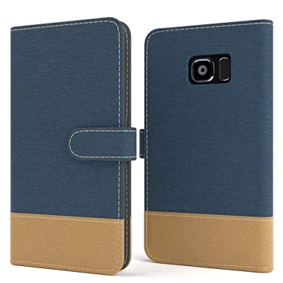 Abbildung von EAZY CASE Tasche kompatibel mit Samsung Galaxy S7 Stoff Schutzhülle Standfunktion Klapphülle Bookstyle, Handytasche Handyhülle Magnetverschluss und Kartenfach, Kunstleder, Dunkel Blau