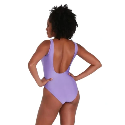 Abbildung von Speedo Damen Logo Deep U Back Badeanzug, Miami Lilac/Weiß, 32