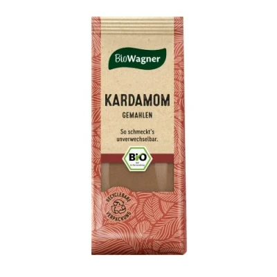 Abbildung von BioWagner Bio Kardamom gemahlen verfeinert süße Desserts, asiatisch oder orientalische Rezepte naturbelassene Zutaten recyclebare Verpackung 20 g