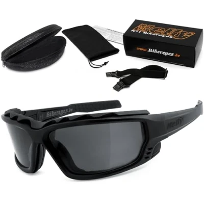 Abbildung von HELLY® No.1 Bikereyes® Motorradbrille, Multifunktionsbrille, Bikerbrille beschlagfrei, winddicht HLT® Kunststoff Sicherheitsglas nach DIN EN 166 Bügel &amp; Band wechselbar Brille: 1314