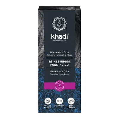 Abbildung von khadi REINES INDIGO Pflanzenhaarfarbe, Haarfarbe für geheimnisvolles Tiefschwarz bis zu schimmerndem Blau Schwarz, Naturhaarfarbe 100% pflanzlich, natürlich &amp; vegan, Zertifizierte Naturkosmetik, 100g