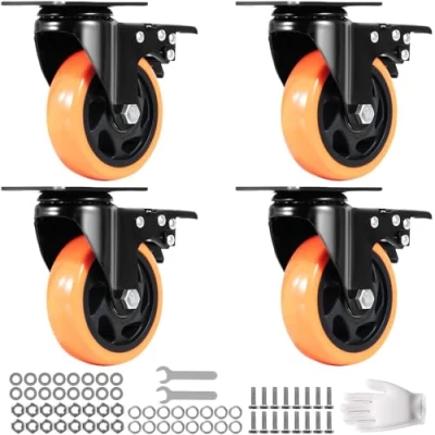 Abbildung von VEVOR Möbelrollen 4er Set Lenkrollen PVC φ101,6mm Laufrollen 635kg Tragfähigkeit Transportrollen mit A/B Bremsen Kastenrollen 360 Drehbar Schwerlastrollen für Häusern Büros Studios Fabriken