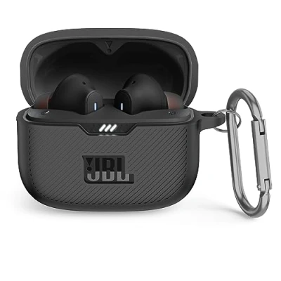 Abbildung von MOWYEOK Silikon Hülle kompatibel mit JBL Tune 230NC TWS, Tragbare Kratz und stoßfeste Silikonhülle, Front LED sichtbar, für Gehäusezubehör, Karabiner Schwarz
