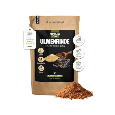 Abbildung von alphazoo Ulmenrinde für Hunde &amp; Katzen 120g I Premium Magenschutz Pulver ohne Zusatzstoffe Sanfte Verdauung, bei Sodbrennen, Durchfall Kotfressen Slippery Elm Bark Natürlich Rein