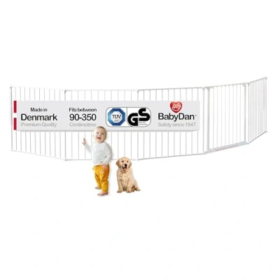 Abbildung von BabyDan Flex XXL, 90 350 cm, Kaminzaun/Treppengitter/Raumteiler/Kaminumrandung, Weiß, Hergestellt in Dänemark Kinderschutzgitter/Sicherheitsgitter (Haustiergitter/Hundegitter/Hundespielgehege)