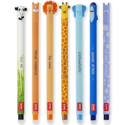 Abbildung von Legami Set mit 7 radierbaren Gelstiften thermoempfindlicher Radiertinte, verschiedene Tintenfarben und Schaftdesigns, 0,7 mm Spitze, Designs: Panda, Känguru, Löwe, Giraffe, Elefant, Hai, Nilpferd