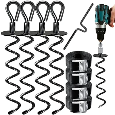 Abbildung von KESSER® 4 Bodenanker Erdanker 9 teiliges Set Befestigung für Trampolin, Schaukel, Pavillon, Partyzelt, Gartenhaus, Zelt, aus 1cm Ø Edelstahl Zum Eindrehen, + Gurte Drehhilfe