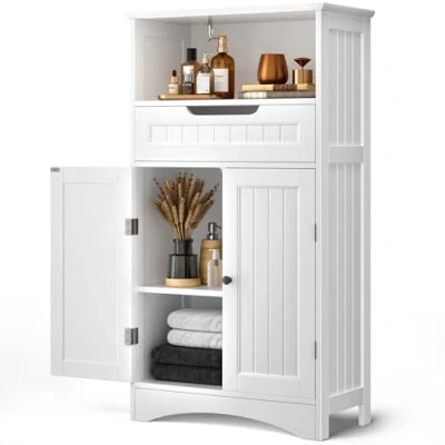 Abbildung von Bealife Badezimmerschrank, Badezimmer Aufbewahrungsschränke mit großer Schublade, 2 Türen verstellbaren Regalen für Badezimmer, Wohnzimmer, Schlafzimmer, 108 x 60 30 cm, Weiß