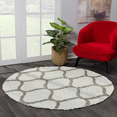 Abbildung von SANAT Madrid Shaggy Teppich Rund Hochflor Teppiche für Wohnzimmer, Schlafzimmer, Küche Morocco Creme, Größe: 80 cm