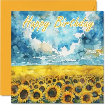 Abbildung von Stuff4 Geburtstagskarten für Frauen und Männer Aquarell Sonnenblumenhimmel Happy Birthday Karte Mama, Vater, Bruder, Schwester, Onkel, Tante, Cousin, Großvater, Nanny, Freund, 145 mm x