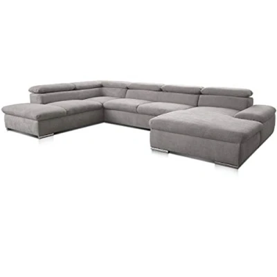 Abbildung von Cavadore Wohnlandschaft Alkatraz im modernen Design / U Form mit Ottomane links und Longchair rechts Inkl. Bettfunktion + Kopfteilverstellung 350 x 73 226 Hellgrau