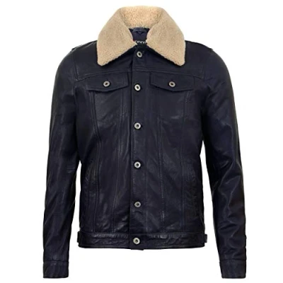 Abbildung von Infinity Leather Herren Marine Lederjacke Trucker Abnehmbarer Schaffell Sherpa Kragen Beiläufig Jeans Mantel XL