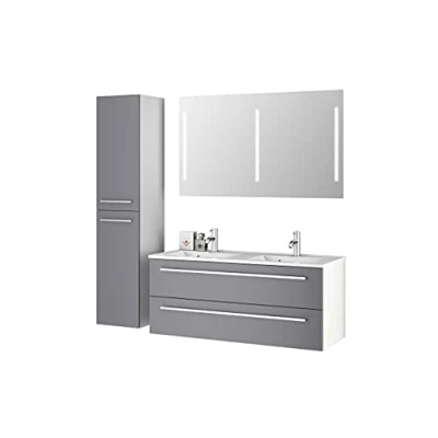 Abbildung von Sieper I Badmöbel Set Libato, Doppelwaschtisch mit Unterschrank 120 x 50 cm, Hochschrank und Badspiegel Arktisgrau