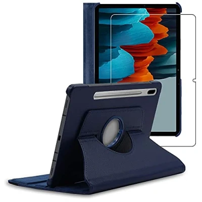 Abbildung von ebestStar Hülle für Samsung Galaxy Tab S7 SM T870, Drehbar Schutzhülle, PU Lederhülle, Rotierende Ständer Etui, Rotating Case Cover, Dunkelblau + Panzer Schutz Glas