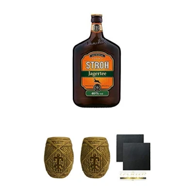 Abbildung von Stroh Original Jagertee Österreich 1,00 Liter + Plantation MUG ohne Eichstrich 1 Stück Schiefer Glasuntersetzer eckig ca. 9,5 cm Ø 2