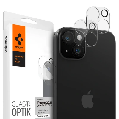 Abbildung von Spigen Glas.tR Optik Kameraschutz kompatibel mit iPhone 15, 15 Plus, 2 Stück, Kristallklar, Hüllenfreundlich, Anti Kratzer, 9H Härte Folie