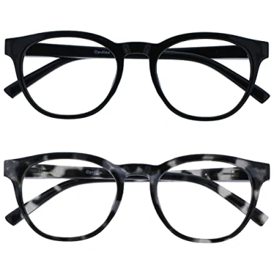 Abbildung von OPULIZE Blu Brille Blaulichtfilter 2er Pack Cool Rund Rahmen Federscharniere Verbessern Den Schlaf Computerbrille Gaming Entspiegelt Schwarz Schildpatt Herren Damen BB5 1W +0.00