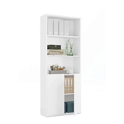 Abbildung von Muebles Pitarch Bücherregal für Büro oder Arbeitszimmer mit 2 Türen und 4 Regalen, Wohnzimmer Bücherregal, Weiß, 196,5x75,5x33 cm (Höhe x Breite Tiefe), einfach, elegant robust