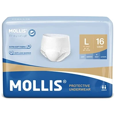Abbildung von MOLLIS Inkontinenz Pants Erwachsene, Saugfähige Windelhosen für Männer und Frauen, Atmungsaktive Einweghosen, Optimaler Auslaufschutz über Nacht, Unisex, Größe L, 16 Stück