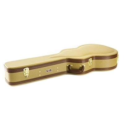 Abbildung von Fame Gitarrenkoffer, wetterfester Formkoffer für Konzertgitarre, Gitarrencase mit Zubehörfach und robusten Metallschnallen, Tweed Case, Holzkern, rotes Plüsch Innenfutter,